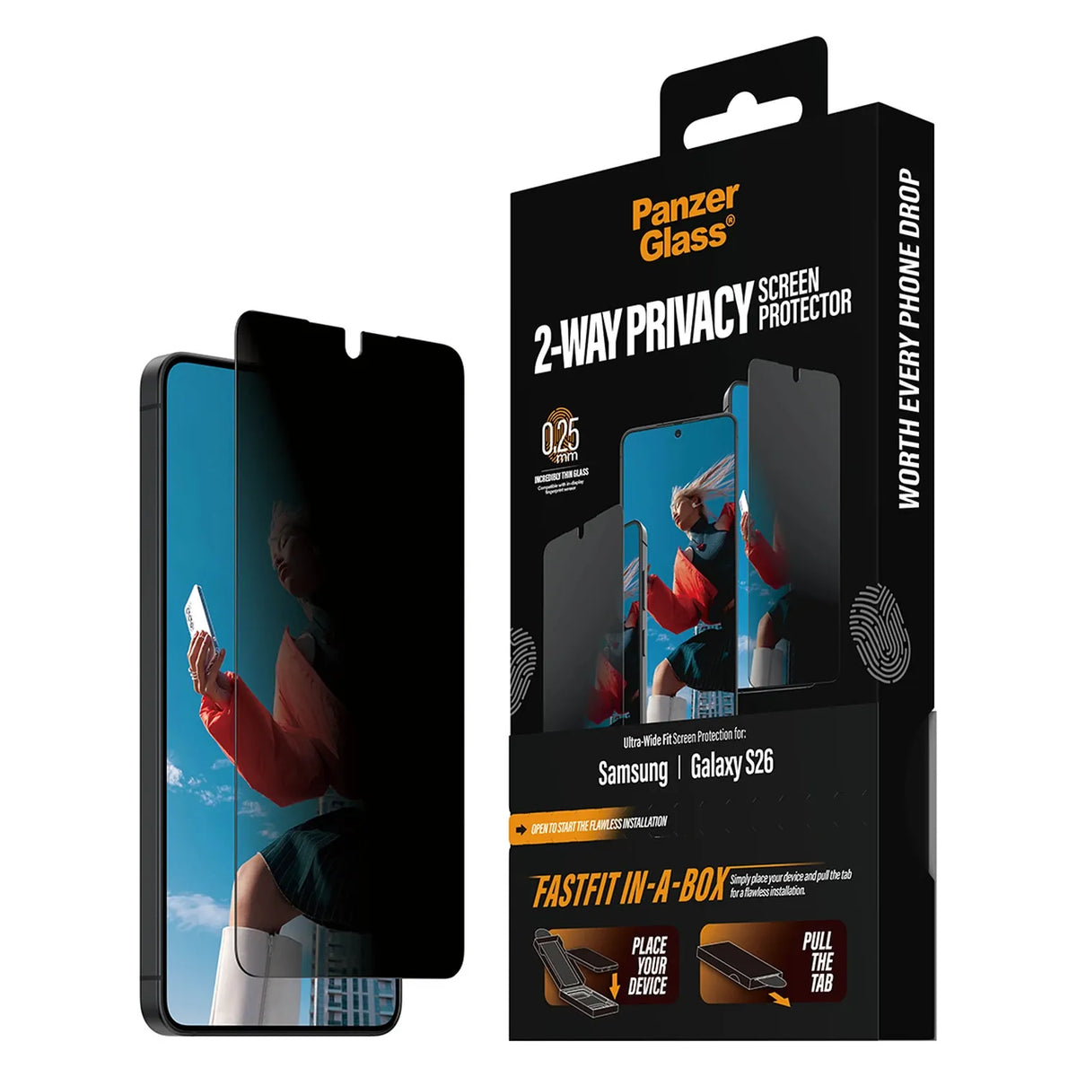 PanzerGlass® 2-Way Privacy Kijelző Fólia Samsung Galaxy S26 | Ultra-Wide Fit w. FastFit in a box