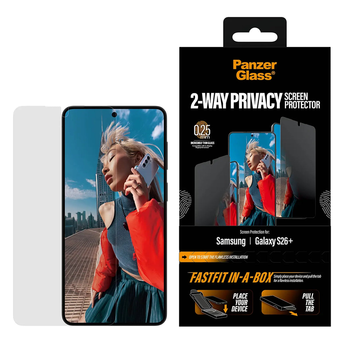 PanzerGlass® 2-Way Privacy Kijelző Fólia Samsung Galaxy S26 Plus | Ultra-Wide Fit w. FastFit in a box