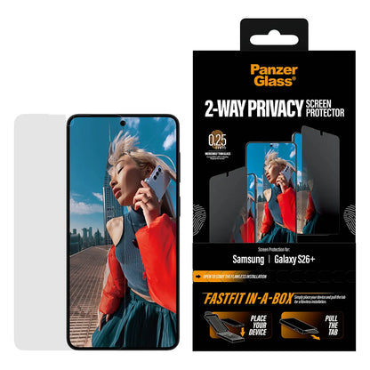 PanzerGlass® 2-Way Privacy Kijelző Fólia Samsung Galaxy S26 Plus | Ultra-Wide Fit w. FastFit in a box