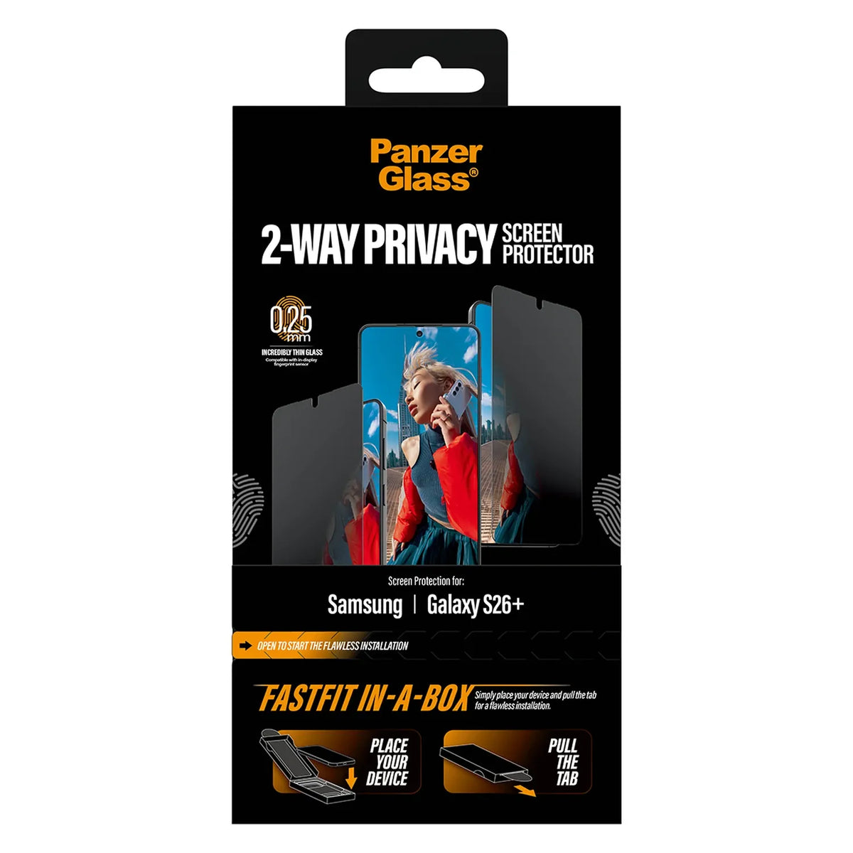 PanzerGlass® 2-Way Privacy Kijelző Fólia Samsung Galaxy S26 Plus | Ultra-Wide Fit w. FastFit in a box