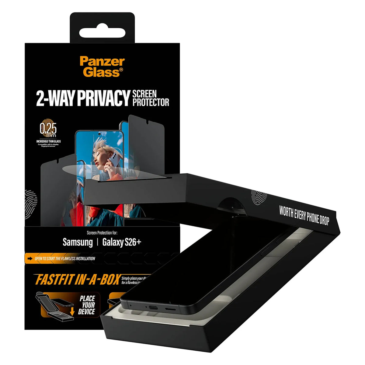 PanzerGlass® 2-Way Privacy Kijelző Fólia Samsung Galaxy S26 Plus | Ultra-Wide Fit w. FastFit in a box