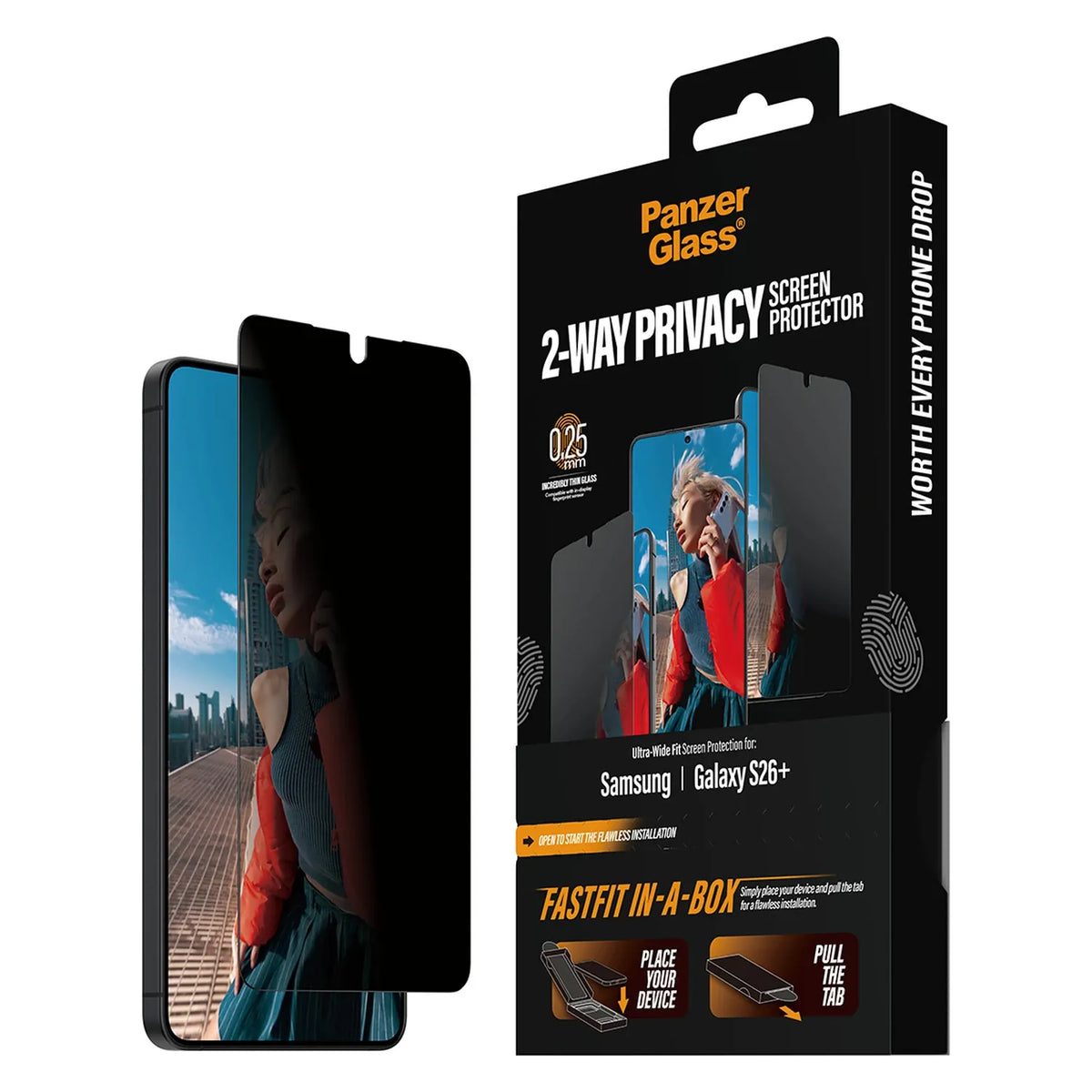 PanzerGlass® 2-Way Privacy Kijelző Fólia Samsung Galaxy S26 Plus | Ultra-Wide Fit w. FastFit in a box
